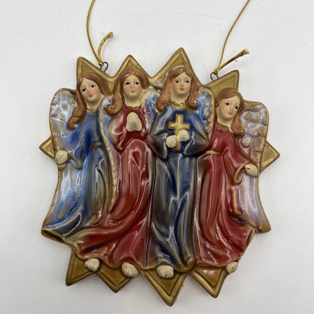 VINTAGE CERAMIC 4 ANGELS ON WALL PLAQUE RED & BLUE ANGELS Deluxe Imports